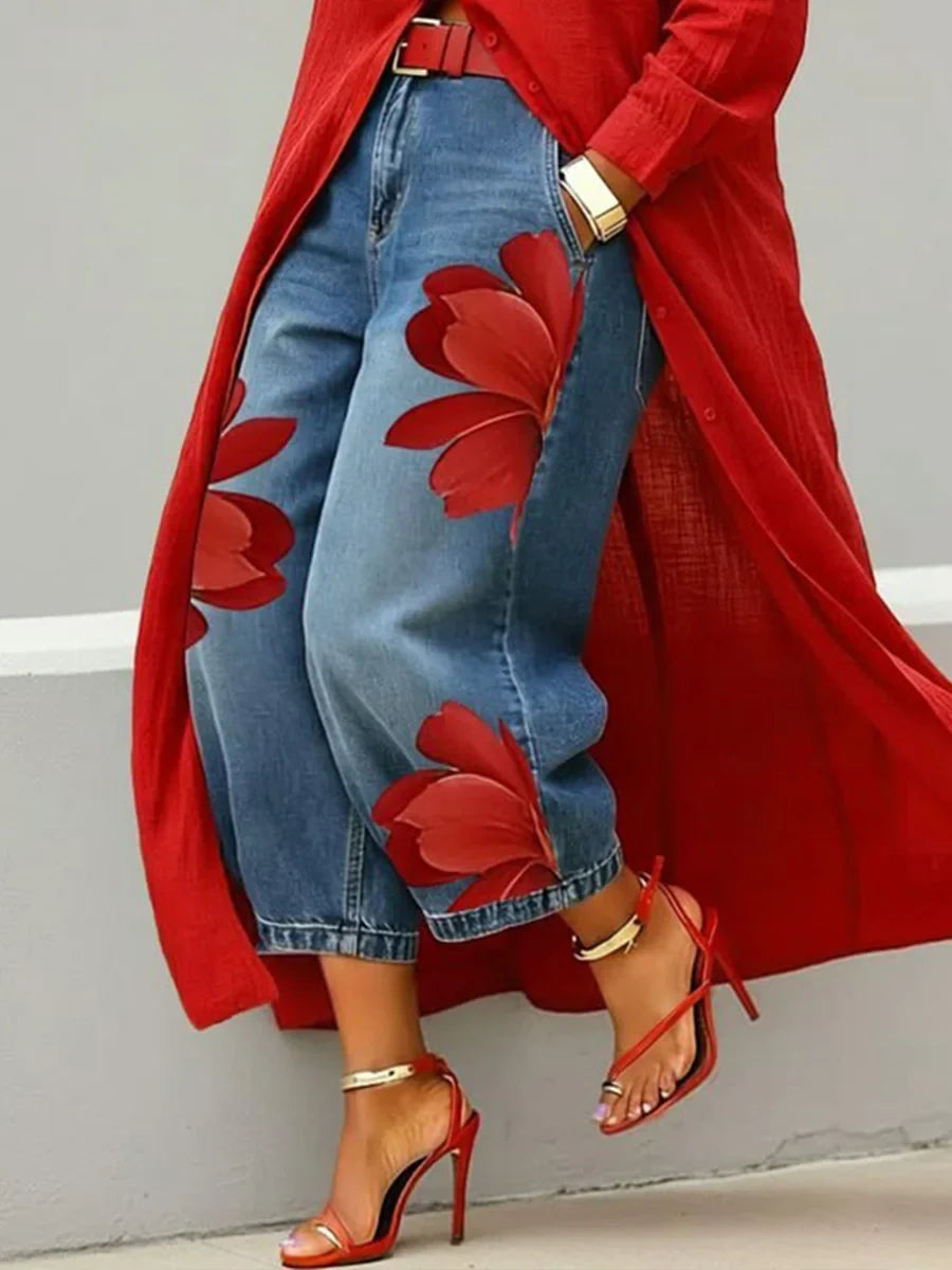 AILÍNN | BREATHABLE LINEN SHIRT DRESS & FLORAL JEANS SET