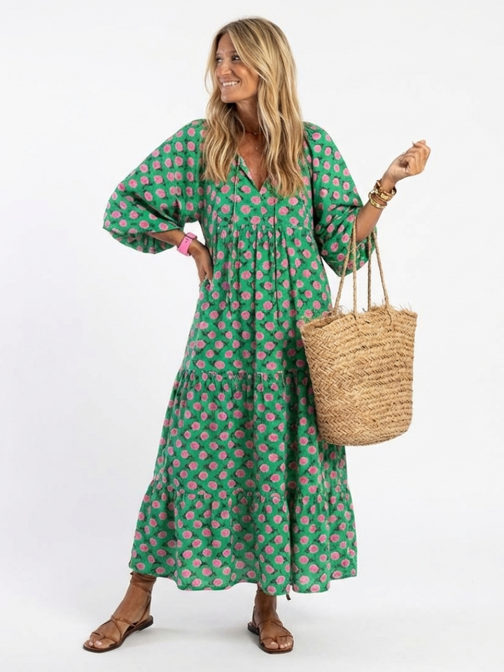 SIOBHAN | FLORAL PRINT V-NECK TIERED MIDI DRESS