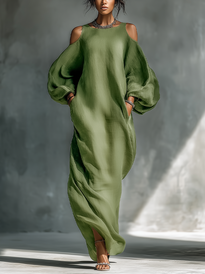 CLODAGH | FLOWING COLD-SHOULDER MAXI DRESS WITH PUFF SLEEVES