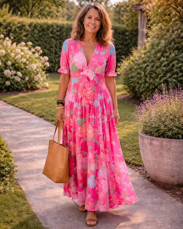 EILEEN | SHORT SLEEVE V NECK FLORAL MIDI DRESS