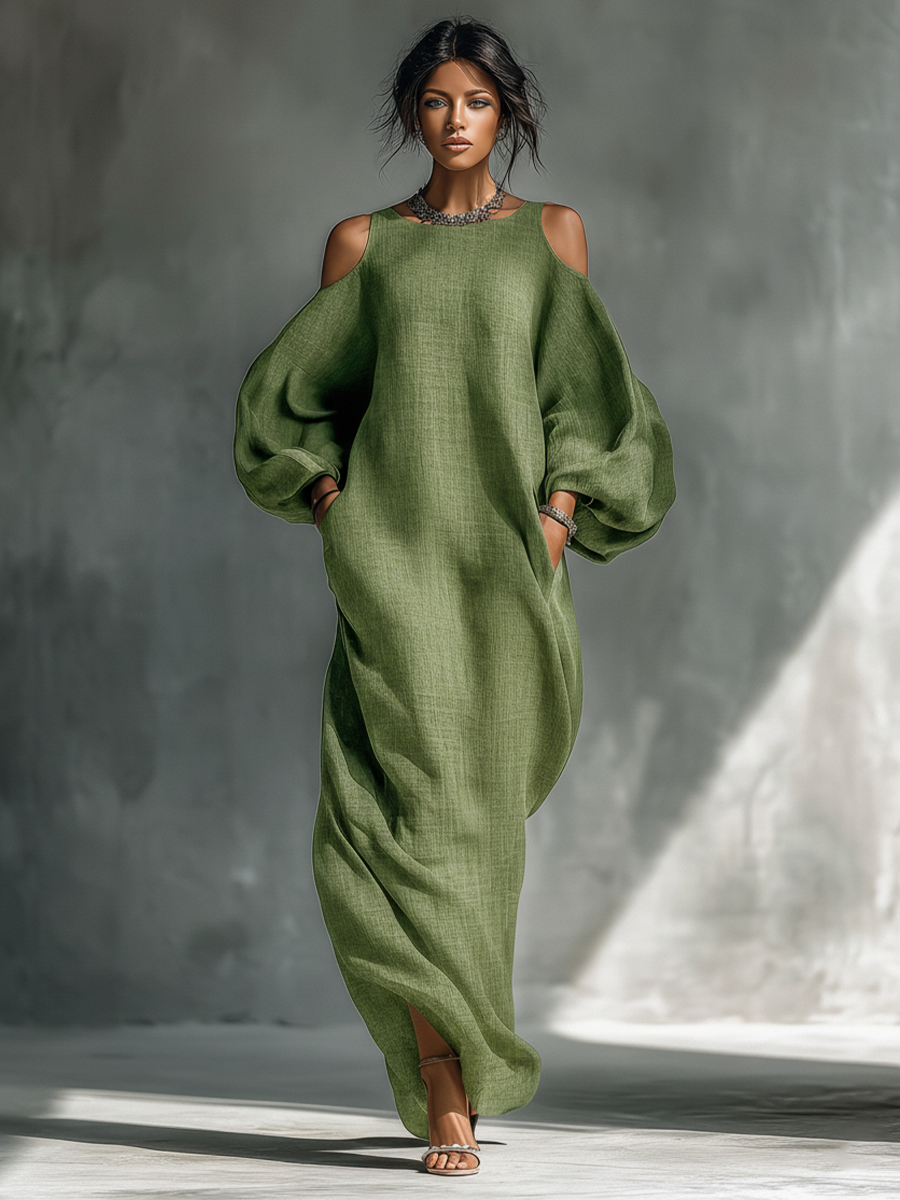 CLODAGH | FLOWING COLD-SHOULDER MAXI DRESS WITH PUFF SLEEVES