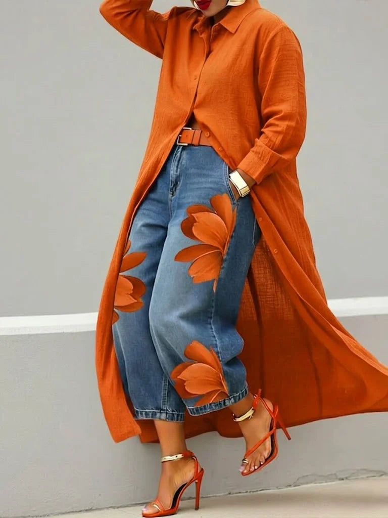 AILÍNN | BREATHABLE LINEN SHIRT DRESS & FLORAL JEANS SET