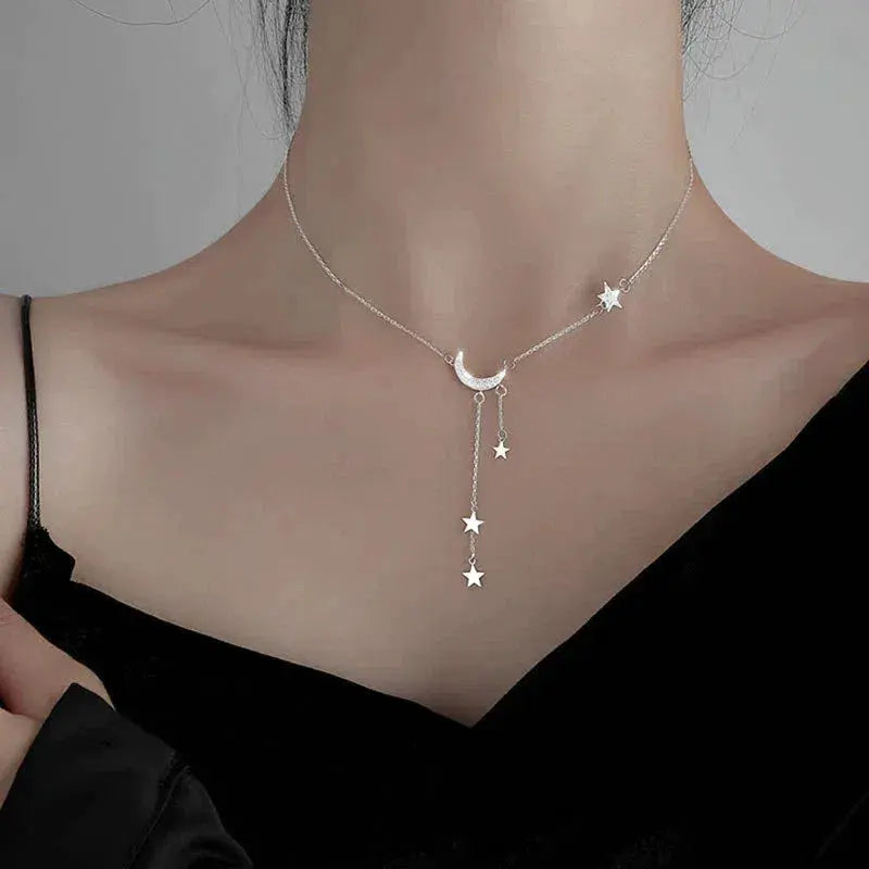 Meriel | Silver Moon and Stars Necklace