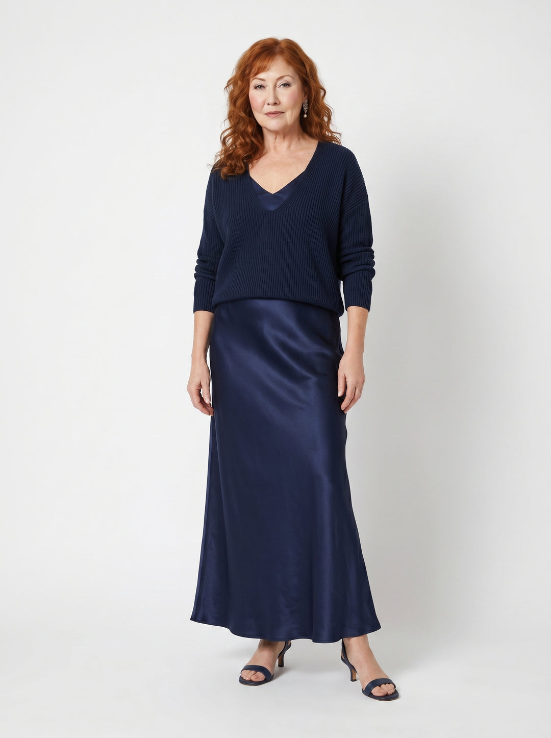 ELENA | SATIN MIDI DRESS & SOFT KNIT SWEATER SET