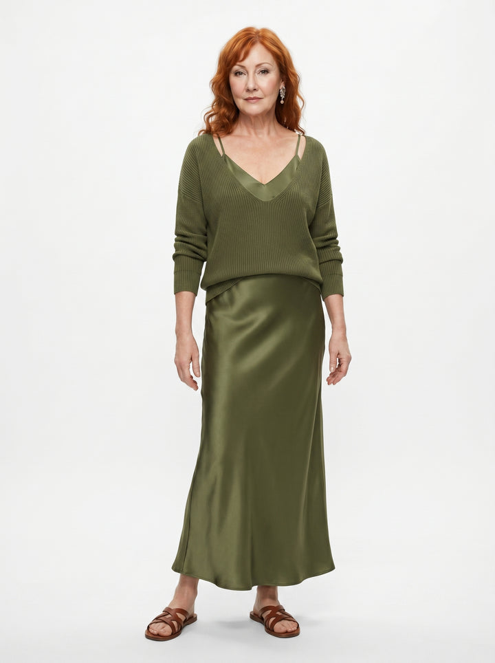 ELENA | SATIN MIDI DRESS & SOFT KNIT SWEATER SET