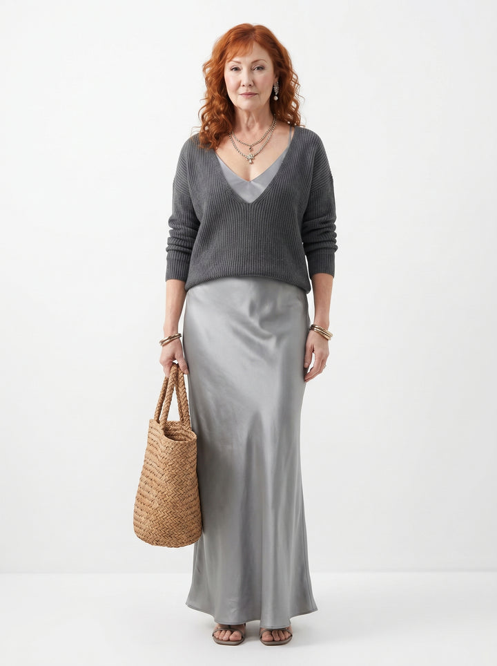ELENA | SATIN MIDI DRESS & SOFT KNIT SWEATER SET