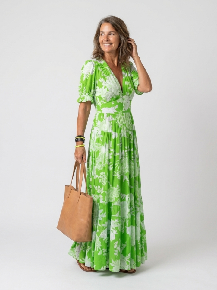 EILEEN | SHORT SLEEVE V NECK FLORAL MIDI DRESS