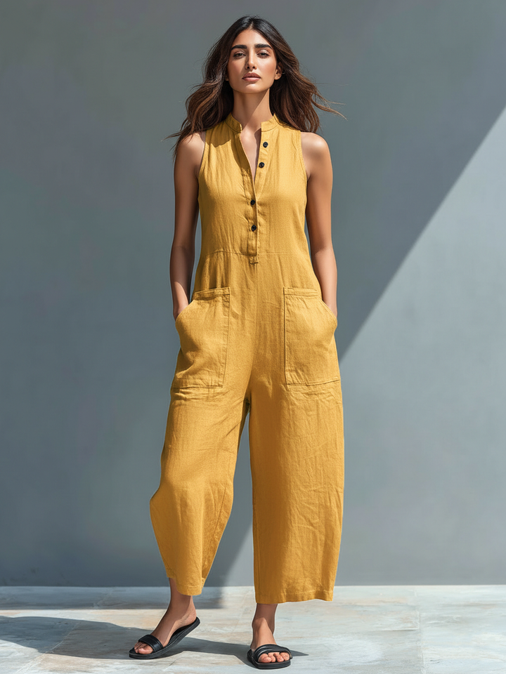 RÉALTÍN | SLEEVELESS LINEN BLEND DUNGAREE JUMPSUIT