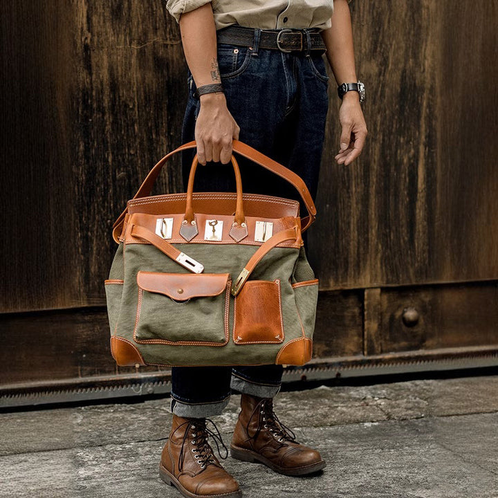 Handmade Full-Grain Leather & Canvas Travel Bag