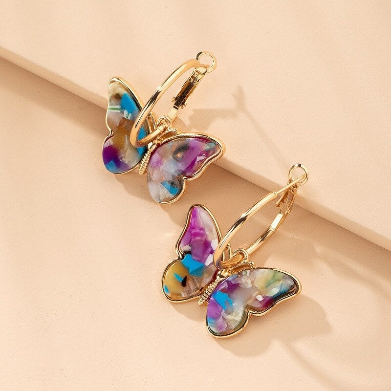 Florence | Gold Hoop Earrings with Multicoloured Butterflies