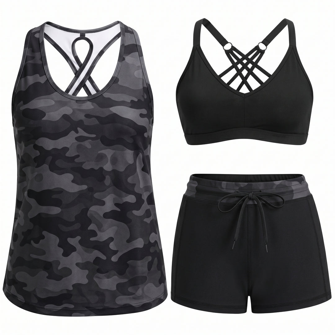 HONORIA | SPORTY THREE-PIECE TANKINI SET WITH POCKETS