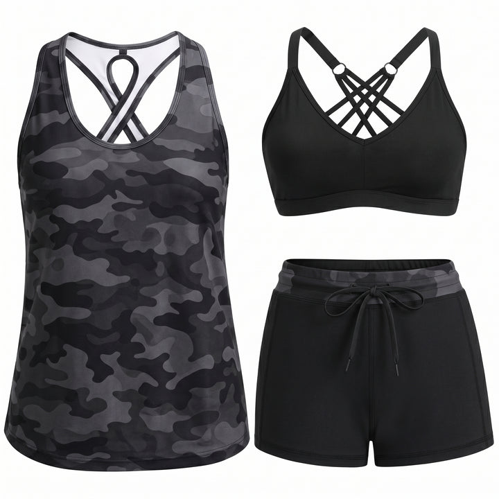 HONORIA | SPORTY THREE-PIECE TANKINI SET WITH POCKETS