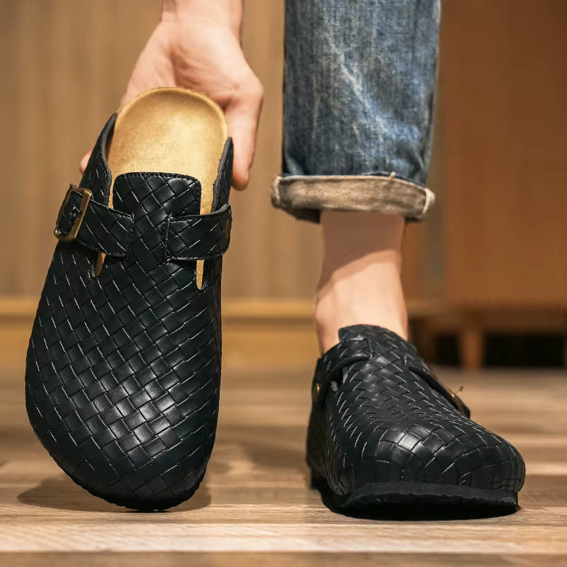 Woven Genuine Leather Men's Mules