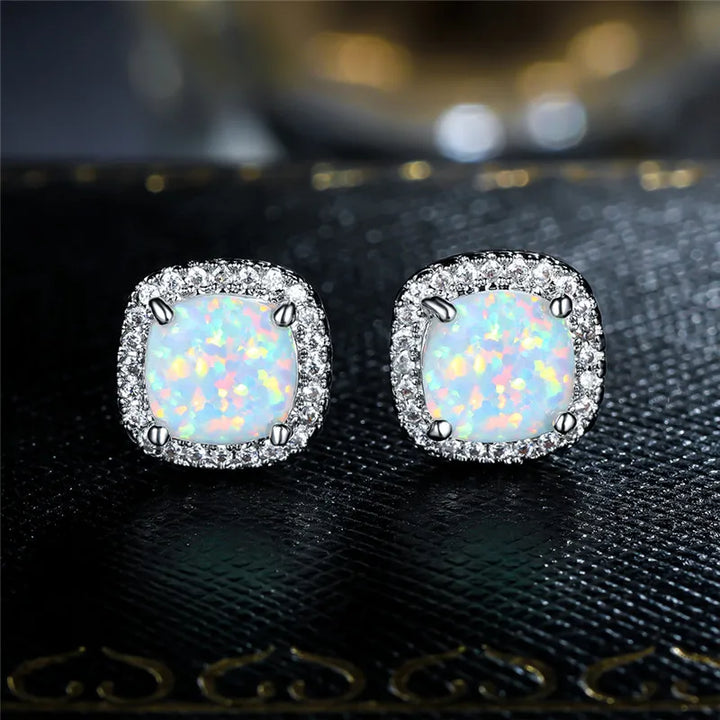 Elaine | Silver Earrings with Round White Fire Opal