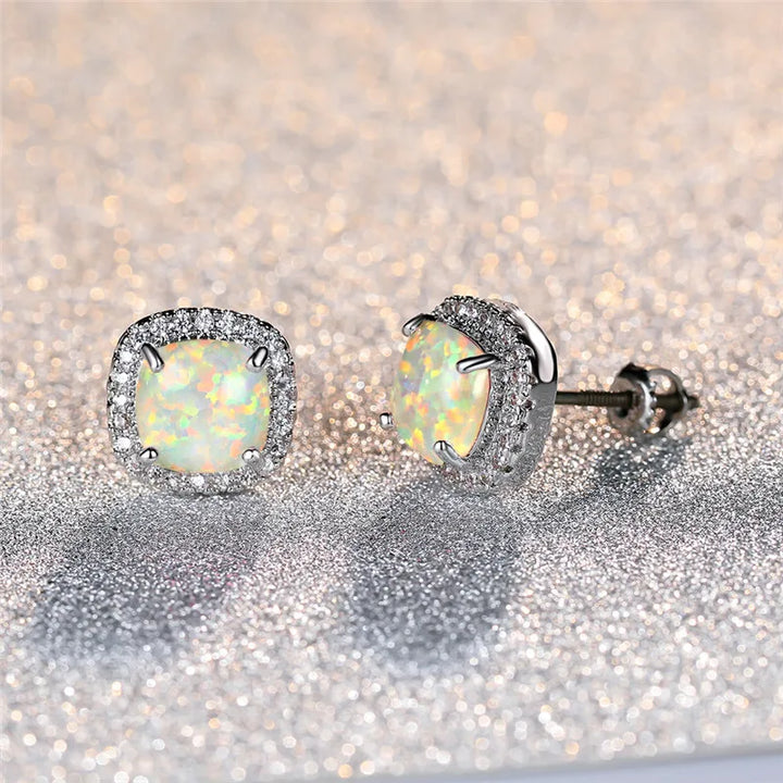 Elaine | Silver Earrings with Round White Fire Opal