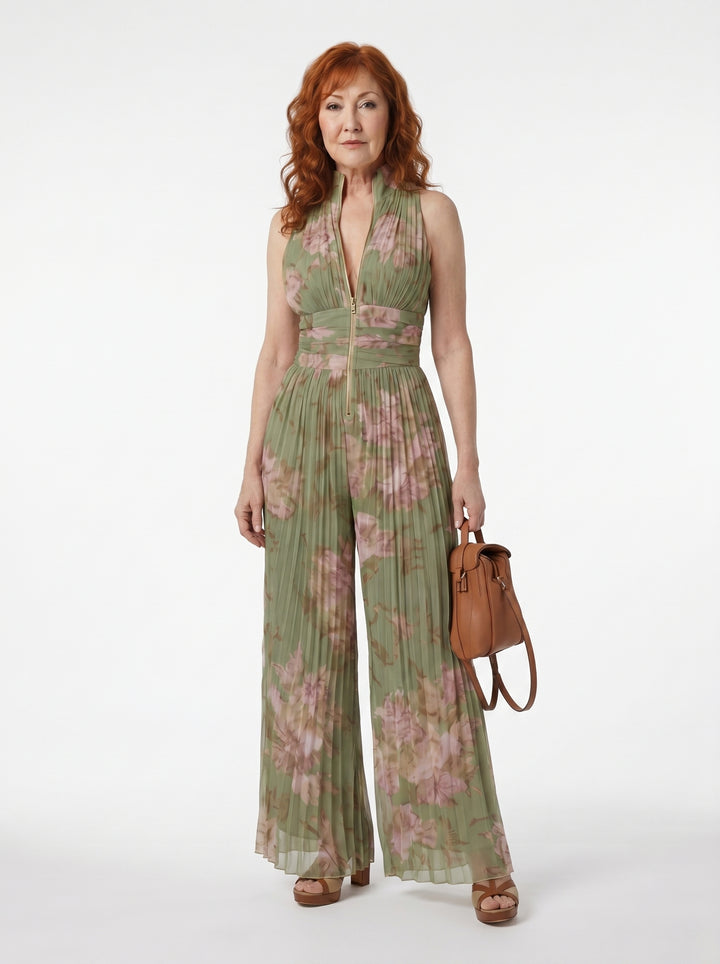 AOIBHEANN | PLEATED FLORAL CHIFFON JUMPSUIT