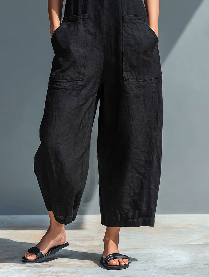 RÉALTÍN | SLEEVELESS LINEN BLEND DUNGAREE JUMPSUIT