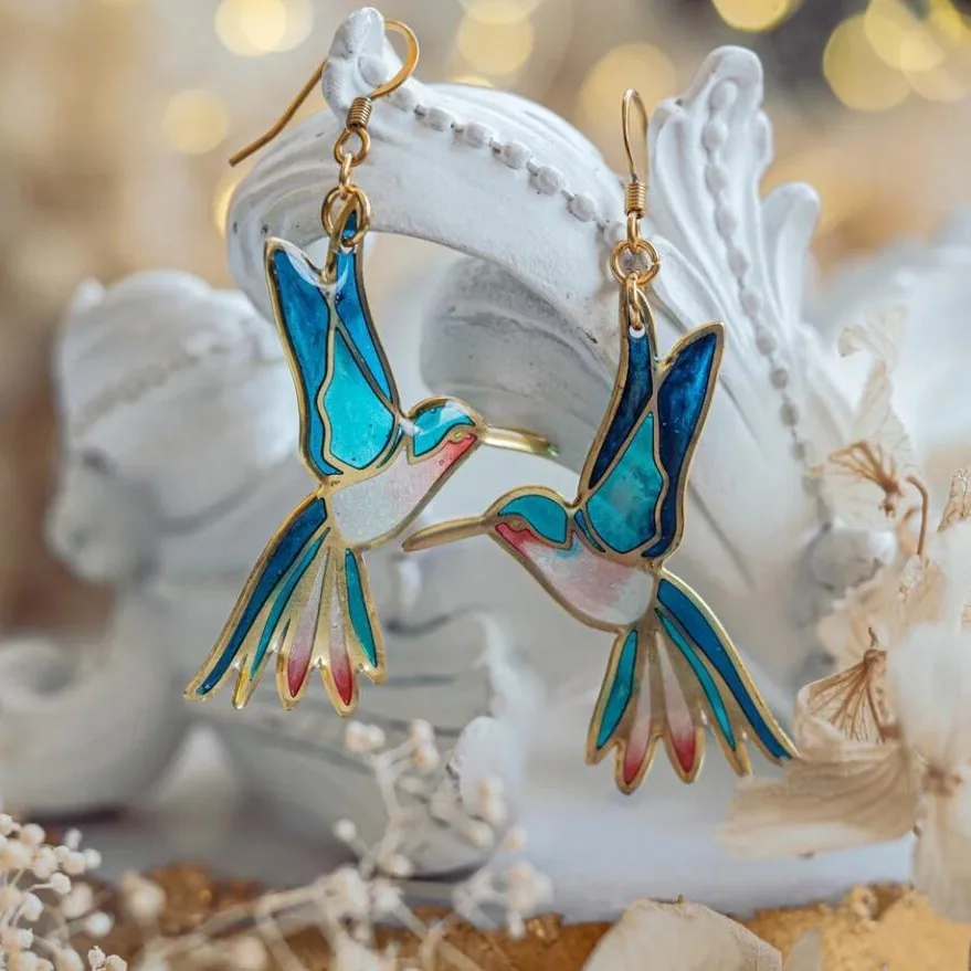 Lark | Gold and Blue Enamel Hummingbird Earrings