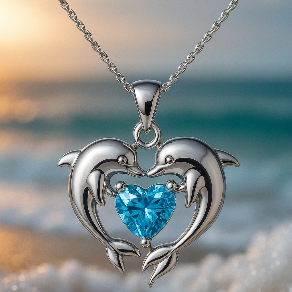 Delia | Silver Double Dolphin Necklace with Opal
