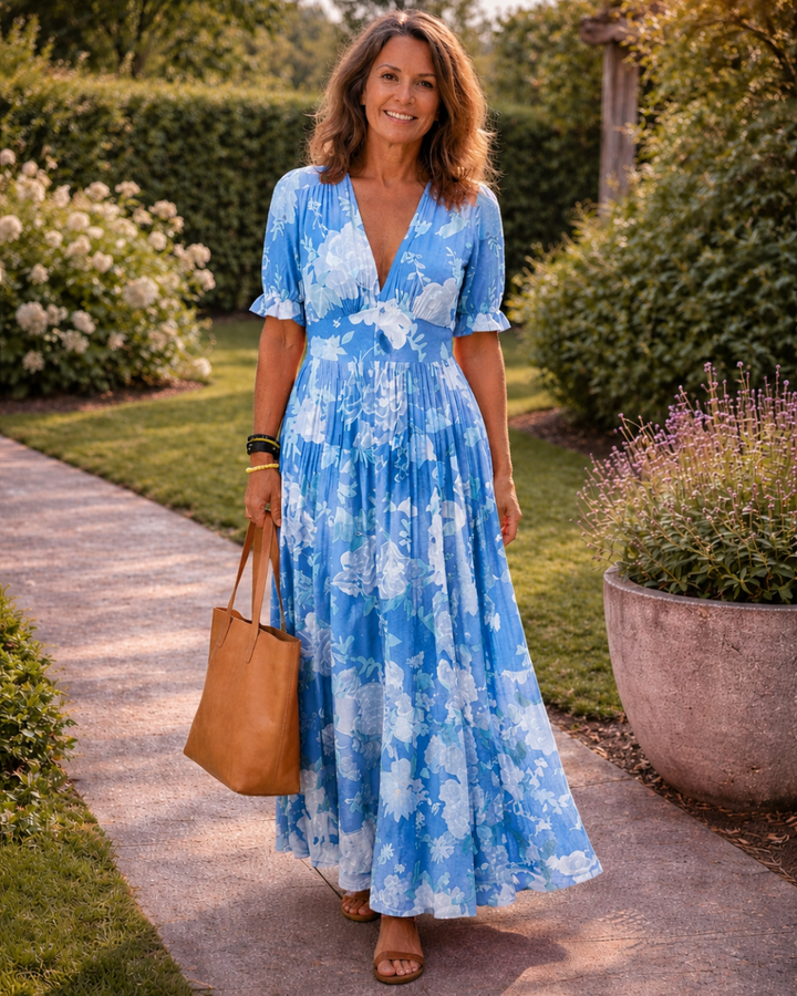 EILEEN | SHORT SLEEVE V NECK FLORAL MIDI DRESS