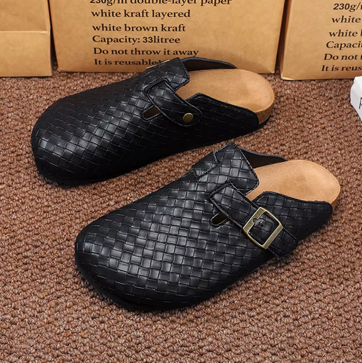 Woven Genuine Leather Men's Mules