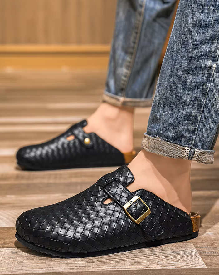 Woven Genuine Leather Men's Mules